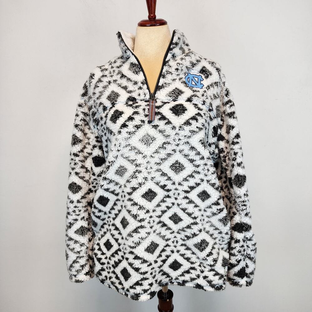 Womens North Carolina Tar Heels Quarter Zip Sherpa Jacket Size L Relaxed Aztec